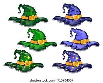 Cartoon witch hats isolated on white background, elements of wizard costume. Vector illustration.