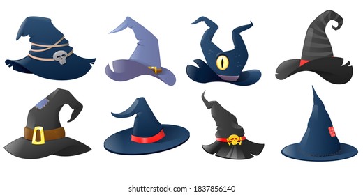 Cartoon witch hats set. Hats your halloween design, colorful icons collection. Festive carnival headwear. Vector illustration