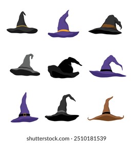 Cartoon witch hats vector icons. Wizard headwear, traditional magician caps. Halloween party costume hats isolated on white background.