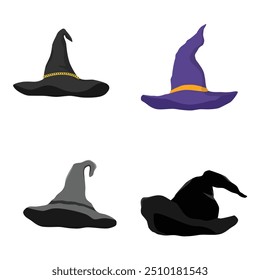 Iconos de vectores de sombreros de bruja de dibujos animados. Gorras de mago, gorras de mago tradicionales. Sombreros del traje del partido de Halloween aislados en el fondo blanco.