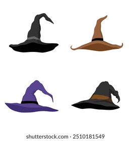 Iconos de vectores de sombreros de bruja de dibujos animados. Gorras de mago, gorras de mago tradicionales. Sombreros del traje del partido de Halloween aislados en el fondo blanco.