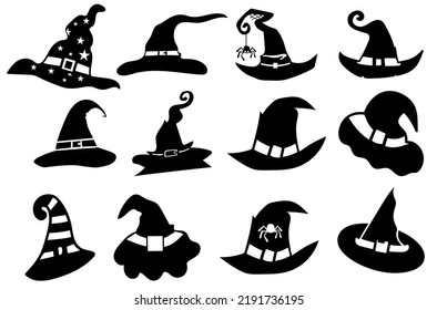 Cartoon witch hats, Wizard hat collection. Halloween costume element. Vector illustration.