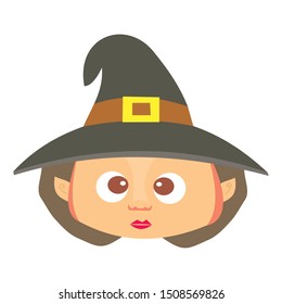 Cartoon witch head. Cute character illustration as print design and postcard or decoration. Isolated on white background.