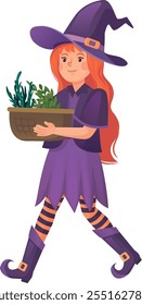 Cartoon witch with herb basket. Magic ritual equipment isolated on white background