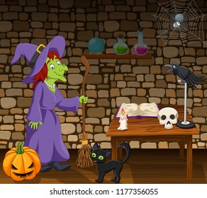 Cartoon witch holding a broomstick in the room