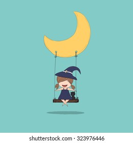 Cartoon witch holding swinging moon cute halloween  drawing by hand vector   digital illustration created without reference image 