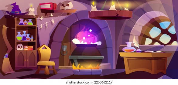 Cartoon witch house with big cauldron, broom for flying and hat. Interior of wizard or sorceress room in medieval castle with magic bottles, candles and shelves with potions, books and skull.