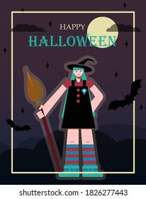 Cartoon witch with huge legs and arms. Cute vector drawing for all saints day. Flat design greeting card for Halloween with bats, a witch and a broom. An image for a flyer, ad, invitation, or website