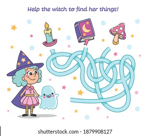 Cartoon Witch Labyrinth.Help cute witch find her things. Labyrinth. Maze game for kids. Vector illustration.