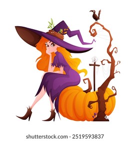 A cartoon witch with a large purple hat sits on a pumpkin, surrounded by a spooky tree and a perched crow.