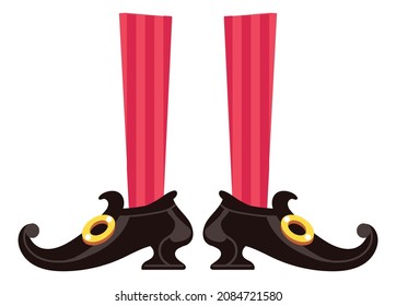 Cartoon witch legs in black shoes. Funny fairytale character feet