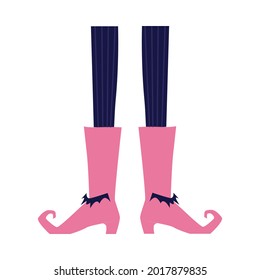 Cartoon witch legs wearing pink boots with high heel and curled toes. Halloween costume elements - vintage cracows shoes and striped tights - isolated vector illustration.