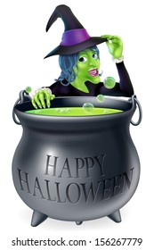 A cartoon witch looking over her bubbling cauldron with a Happy Halloween written on it and tipping her hat 