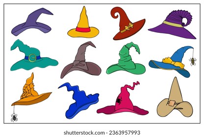 Cartoon witch, magician and wizard hats or caps. Halloween vector colorful hats. Fantasy character costume elements with spider webs, buckles and bows