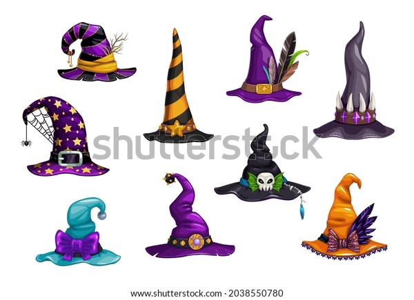 Cartoon witch, magician and wizard hats or caps.\
Halloween holiday carnival vector hats. Fantasy character, sorcerer\
or mage costume element with spider web, buckle and bow, feather,\
gems and teeth