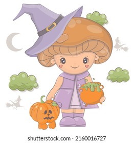 Cartoon witch mushroom with pumpkin. Vector illustration of Halloween character. Cute little illustration Halloween character for kids, fairy tales, covers, baby shower, textile t-shirt, baby book.