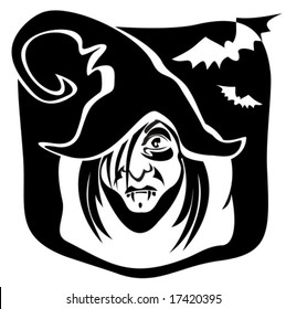 Cartoon witch  on a black background. Halloween illustration.