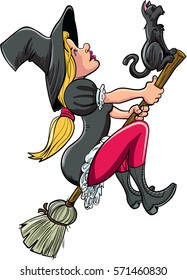 Cartoon witch on a broom flying with a cat