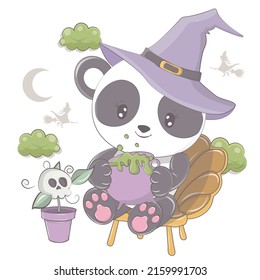 Caricatura de bruja panda con calabaza. Ilustración vectorial del animal de Halloween. Pequeña ilustración de Halloween: oso para niños, cuentos de hadas, cubiertas, ducha de bebé, camiseta textil, libro de bebés.