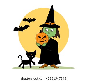 Cartoon witch with a pumpkin in her hands and a black cat on the background of the moon and bats. Print for Halloween. Vector graphics.