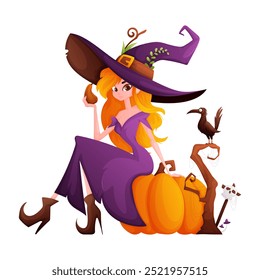 A cartoon witch in a purple dress and large hat sits on a pumpkin, holding a potion bottle, with a crow nearby.