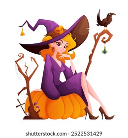 A cartoon witch in a purple dress sits on a pumpkin, wearing a large hat with a skull decoration, beside a crow and spooky tree.