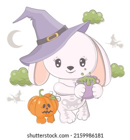 Cartoon witch rabbit and pumpkin  Vector illustration Halloween animal  Cute little illustration Halloween bunny for kids  fairy tales  covers  baby shower  textile t  shirt  baby book 