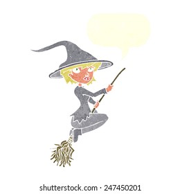 cartoon witch riding broomstick with speech bubble