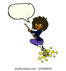 cartoon witch riding broomstick with speech bubble