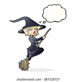 cartoon witch riding broomstick with thought bubble