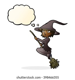 cartoon witch riding broomstick with thought bubble
