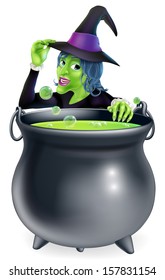 A cartoon witch saying hello peeking over a bubbling witch's brew in a big cauldron 
