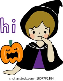 Cartoon of the witch says hi to her pumpkin doll in Halloween night. Simple cute hand draw line vector and minimal icons flat style character illustration.

