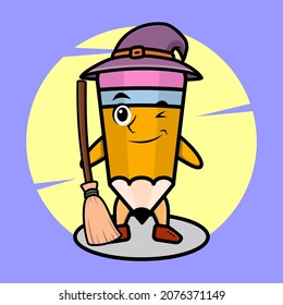 Cartoon witch shaped pencil mascot with hat and broomstick cute stylish design for t-shirt, sticker, logo elements