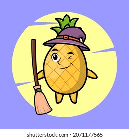 Cartoon witch shaped pineapple mascot with hat and broomstick cute stylish design for t-shirt, sticker, logo elements