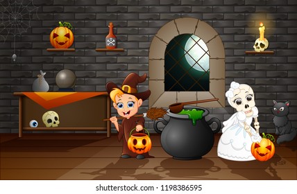 Cartoon of witch and skull bride