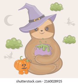 Cartoon witch sloth with pumpkin. Vector illustration of Halloween animal. Cute little illustration Halloween sloth for kids, fairy tales, covers, baby shower, textile t-shirt, baby book.