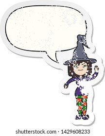 cartoon witch with speech bubble distressed distressed old sticker