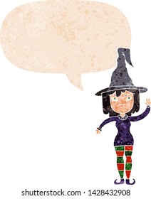 cartoon witch with speech bubble in grunge distressed retro textured style