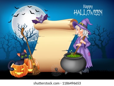 Cartoon witch stirring magic potion with halloween background