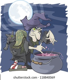 A cartoon witch stirs her cauldron