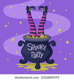 Cartoon witch stockings legs. Halloween party poster with witch stockings legs stick out of cauldron flat vector background illustration