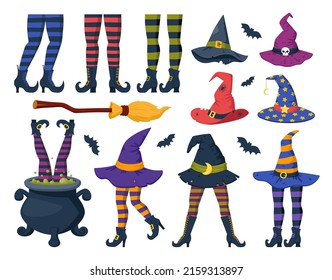 Cartoon witch stockings legs and hats, funny Halloween party elements. Magician wizard headwear and witch stockings legs vector symbols illustrations set. Halloween party collection