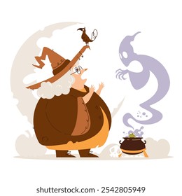 Cartoon Witch Summoning Ghost with Cauldron. Playful illustration of an elderly witch interacting with a ghostly figure, alongside a cauldron and a bird on her hat, in a Halloween scene.