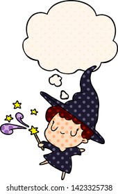 cartoon witch with thought bubble in comic book style