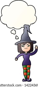 bruja de dibujos animados con burbuja de pensamiento en un estilo de gradiente suave