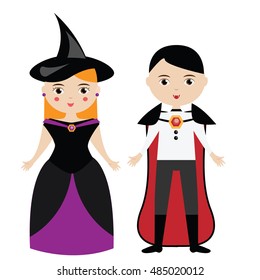 Cartoon witch and vampire characters. Boy and girl in carnival halloween costumes. Vector illustration