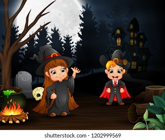 Cartoon of witch and vampire outdoors in the night