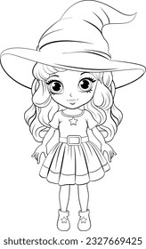 Cartoon witch wearing a big hat illustration