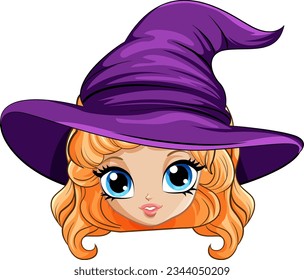 Cartoon witch wearing a big hat illustration